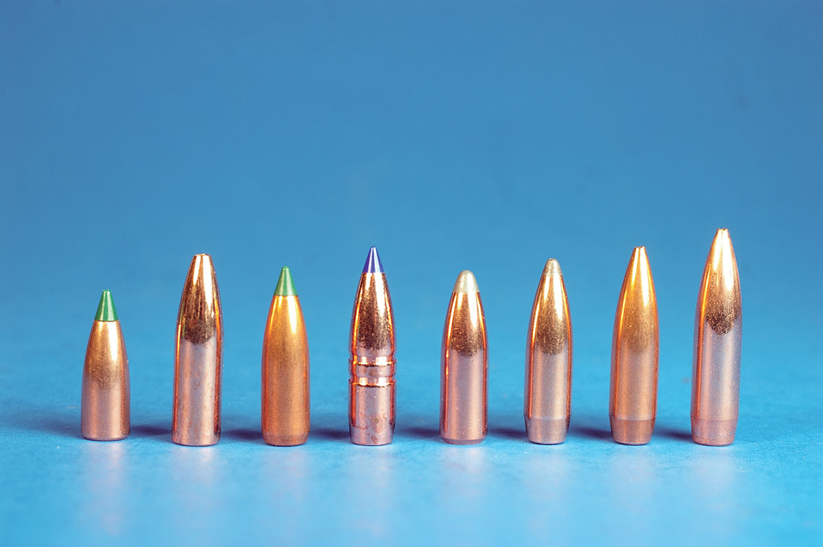 From left, bullets that shoot accurately in a .223 Remington with a barrel twist of one in 9 inches: Sierra 40-grain BlitzKing, Barnes 50-grain Varmint Grenade, Sierra 55-grain BlitzKing, Barnes 55-grain Tipped Triple-Shock, Nosler 60-grain Partition, Sierra 65-grain BTSP, Sierra 69-grain HPBT MatchKing and Nosler 77-grain HPBT.